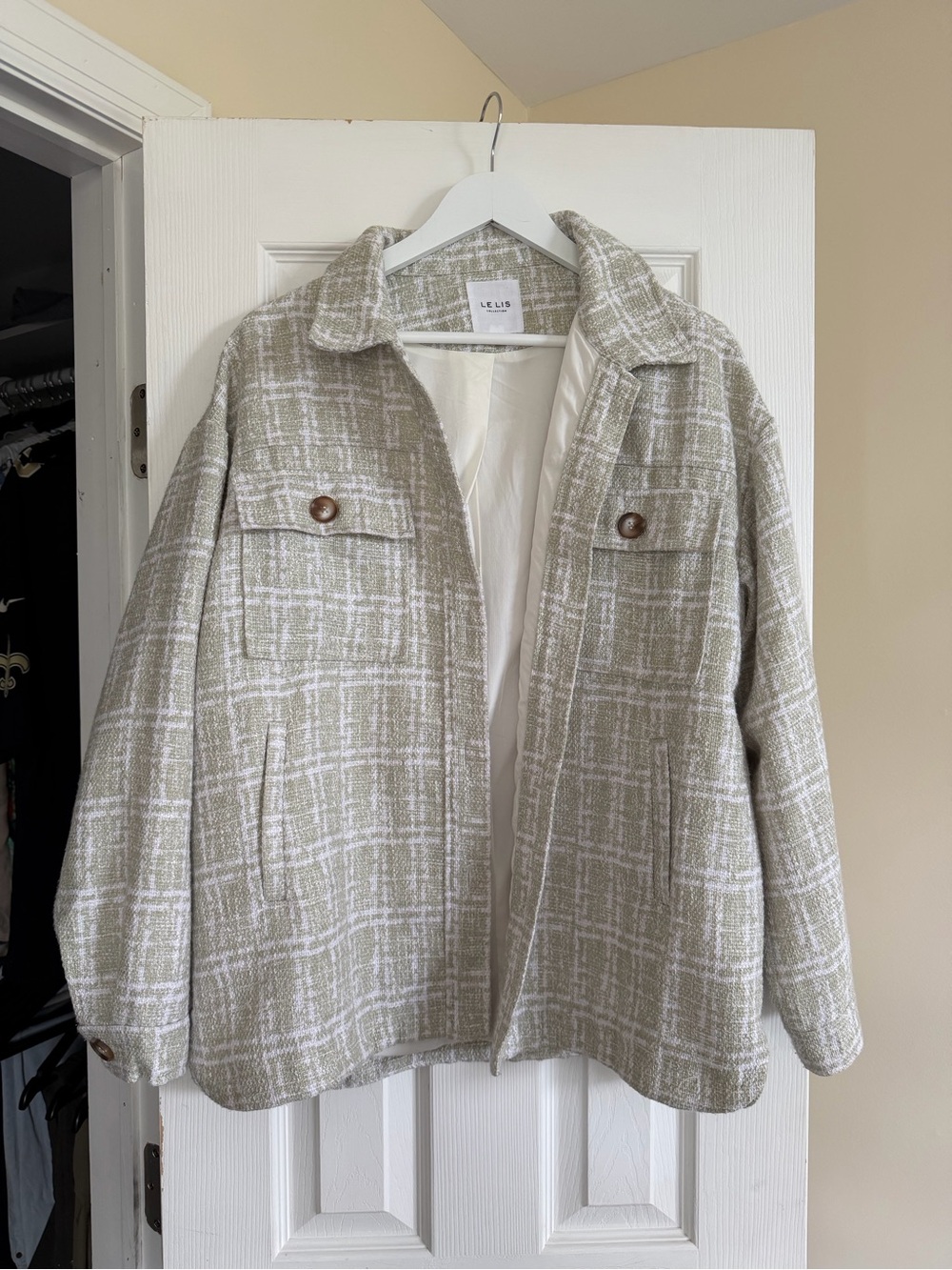 Lelis Oversized Plaid Shacket in Light Olive and White